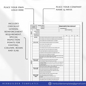 Rebar Inspection Checklist, Reinforcement Checklist, Quality Control Inspection Form, Construction Form, Concrete Reinforcement Checklist - Etsy