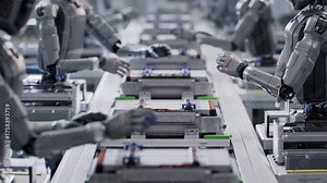 3D Animation: Production Line at a Factory where Autonomous AI Powered Humanoid Robots Working, they Assemble by Hands Detail with Precision and Dexterity. Robot Working in Industrial Environment