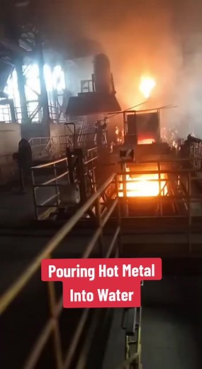 Hot Metal Granulation: Hot metal is poured into cooling water to create granules that can readily be used internally as BOF coolant or sold to third parties as feedstock for electric arc furnaces, cupolas, and induction furnaces. #steelmill #steelmills #steelmilllife #foundry #foundrylife