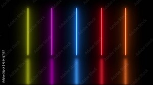 Abstract colorful background with bright neon rays and glowing lines. Seamless loop animation. For compositing and stylizing your video. Neon stage, illuminated floor, pulsing neon tubes.