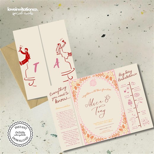 Editable Gatefold Wedding Invitation Template Printable Foldable Invite QR Code Floral Trifold Invite Order of Day Instant Download 05