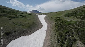 A spectacular 4K drone shot of a group of backcountry skiers hiking up to the top of Saint Mary’s Glacier, a semi-permanent snowfield located next to Saint Mary’s Lake in Colorado, USA.