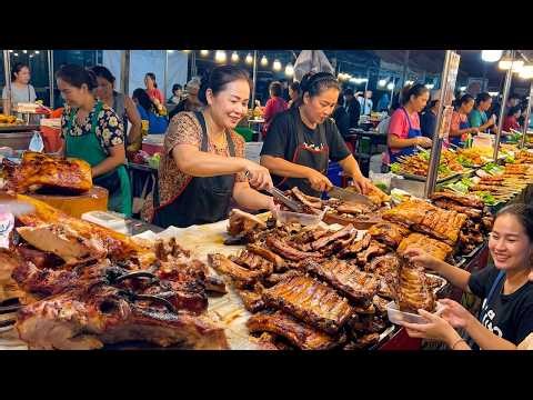 Thailand Street Food Night Market Ambience | Grilled Pork Ribs | No Talking