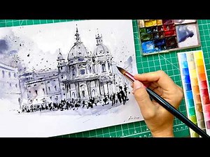 Tips for Ink & Watercolor Sketching! Simple STEP by STEP (Urban Sketch)