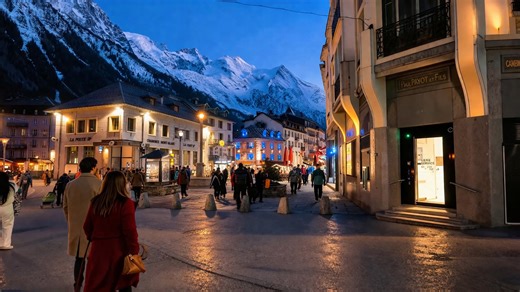Paseo vespertino por Chamonix, Francia, en los Alpes, Mont Blanc (4K)