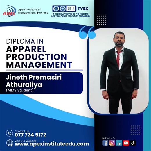 Congratulations to Jineth Premasiri completing his Diploma in Industrial Engineering at apex institute of Managment Services (AIMS)! 🌟Wishing you a future filled with endless opportunities and remarkable achievements! #IE #Industrialengineering #FutureLeader | APEX Institute of Management Services