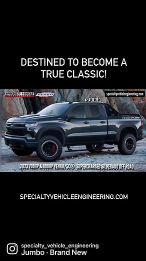 2023 700HP and 800HP Yenko/SC® Supercharged Silverado Off Road pickup truck. Available only on 2023 4WD crew cab and double cab LTZ, RST, ZR2, and LT trail boss Z71 models with 10-speed transmission, short bed or standard bed, and only available from your GM dealer. With our high-output supercharged powerplant, they’ll go fast… Literally!#specialtyvehicleengineering #silverado#silveradonation #yenko #collectible #superchargedtruck #offroad #socaltrucks #trucktuesday | Specialty Vehicle Engineeri