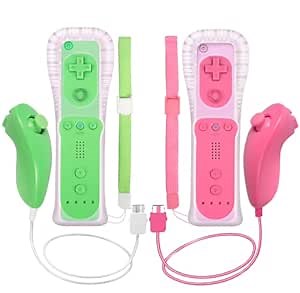 Dliaonew 2 Psck Remote Controller and Nunchuck for Wii/Wii U Console, Gamepad with Silicone Case and Wrist (New Green and Pink)