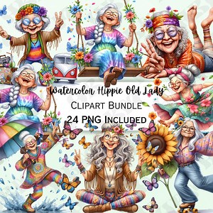 Funny Watercolor Hippie Old Ladies Clipart Bundle, Comical Grandma Sticker, Adorable Nanna Decorations, Whimsical PNG, Commercial Use - Etsy