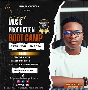 16 reactions · 4 comments | MUSIC PRODUCTION BOOTCAMP! Register now and get access to a free performance loop Bundle Access fee #2000 Hurry now! Bootcamp kicks off tomorrow Click the link to register https://wa.me/message/3RGTORYQUXCVM1 #Javix #MusicProductionBootcamp | Javix_Pro | Facebook