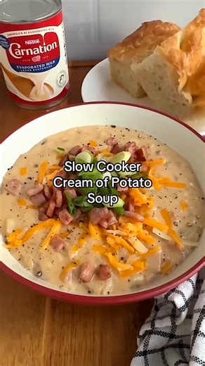 Craving comfort? Let this slow cooker creamy potato soup is the perfect way to warm up!❤️ Made extra creamy with Carnation Evaporated Milk, the secret to cozy, comforting soups all winter! Slow Cooker Cream of Potato Soup Ingredients 3lbs of russet potatoes, peeled and chopped ½ cup yellow onion, minced 2 garlic cloves, minced 1lb ham, cubed 3 cups low-sodium chicken broth 12oz can Carnation Evaporated Milk 4oz cream cheese, softened 2 cups sharp cheddar cheese ½ teaspoon salt more to taste ½ te