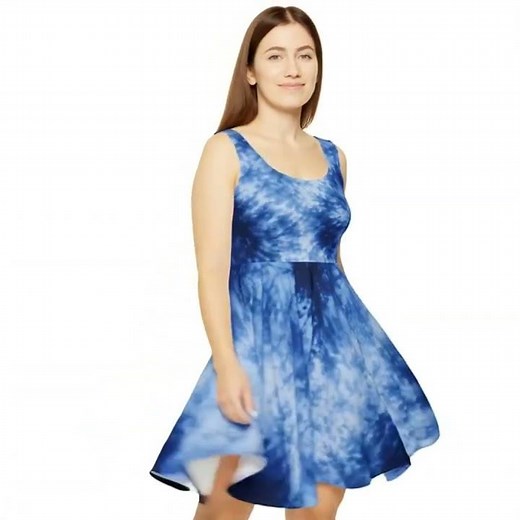 Blue Tie-Dye Women's Skater Dress – Casual Summer A-Line Sundress