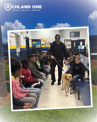 💪❤️ This week is Red Ribbon Week, which highlights the importance of living a drug-free life. As part of the week, K9 Reba of the Richland County Sheriff's Department visited fourth and fifth-grade students at Hopkins Elementary School. 🐾 Reba’s handler, Deputy Hampton, talked with students about her role in the sheriff’s department’s K9 unit.🐕‍🦺 #RisingTogether | Richland County School District One