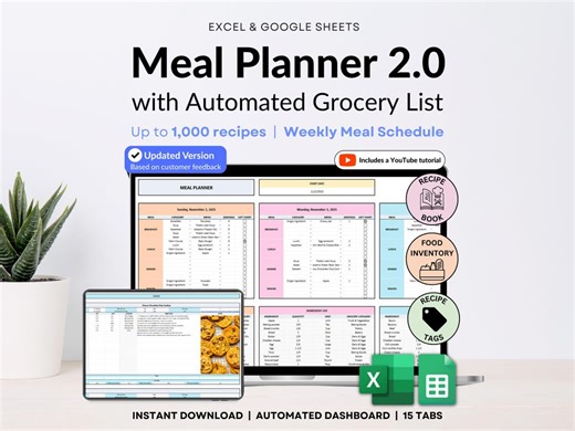 Weekly Meal Planner Google Sheets Spreadsheet Excel Recipe Journal Calorie Tracker Automatic Grocery List Weight Loss Tracker Food Inventory - Etsy UK