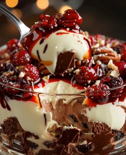 BAILEYS CHOCOLATE CHEESECAKE TRIFLE WITH CRANBERRY SAUCE & PECANS 📝 COMPLETE RECIPE: Baileys Chocolate Cheesecake Trifle with Cranberry Sauce & Pecans Ingredients: For the Cheesecake Layer: 16 oz cream cheese, softened 1 cup powdered sugar ¼ cup Baileys Irish Cream 1 tsp vanilla extract 2 cups heavy whipping cream, whipped For the Chocolate Layer: 1 box chocolate cake or brownies (baked and cubed) OR chocolate cookies/wafers, crushed Chocolate shavings or chunks For the Cranberry Sauce: 12 oz f