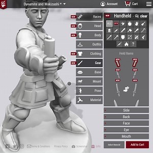 This week's release is the handheld Wakizashi, a traditional Japanese short sword, and the handheld Dynamite! Get ready for slicin' and causing mayhem! Design your own mini now at HeroForge.com | Hero Forge