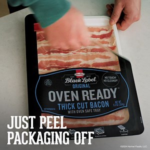 1.1K reactions · 95 shares | What’s the easiest way to make delicious bacon? HORMEL® BLACK LABEL® OVEN READY™ Bacon. Just peel off the packaging, cook in the oven, take the bacon off the tray, and throw the tray away. Now you’re makin’ bacon the easy way. Now you’re bakin’ bacon. | BLACK LABEL Bacon | Facebook