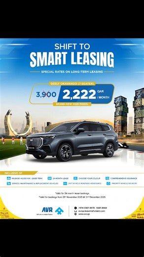 Al-Futtaim Vehicle Rentals (AVR) on Instagram: "💰 Drive a brand-new 2026 GEELY OKAVANGO – QAR 2,222/Month! ✨ Discover the unmatched value of Smart Vehicle Leasing with Al-Futtaim Vehicle Rentals (AVR). 💙 Your lease includes: ✅ Brand-new 2026/2025 vehicles ✅ Option to choose your car’s colour ✅ Priority delivery ✅ Service, maintenance & replacement vehicles ✅ 24/7 roadside assistance ✅ Comprehensive insurance *Includes mileage of 40,000 km per lease term *Valid for 24-month lease bookings *Vali