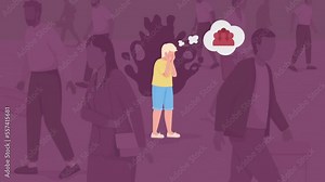 Animated anxious boy illustration. Kid has panic attack in crowd. Public space fear. Looped flat color 2D cartoon characters animation with street view on background. HD video with alpha channel Stock Video