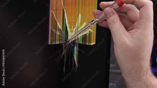 Technician diagnosing a damaged monitor with a voltage tester at the crack point, showing digital glitches and representing hardware breakdown and repair service
