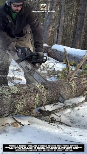 Precision Tree Trunk Cutting in Winter Forest 🌲