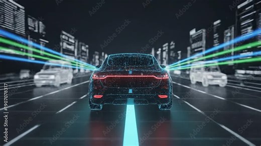 Artificial Intelligence Autonomous Vehicle System Animation with Digital Sensors and Data Visualization