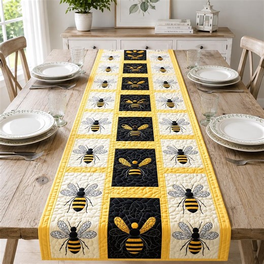 Bee Table Runner, Honey Bee Table Runner, Farmhouse Kitchen Table Decor, Yellow Black Dining Runner, Honey Bee Table Runner