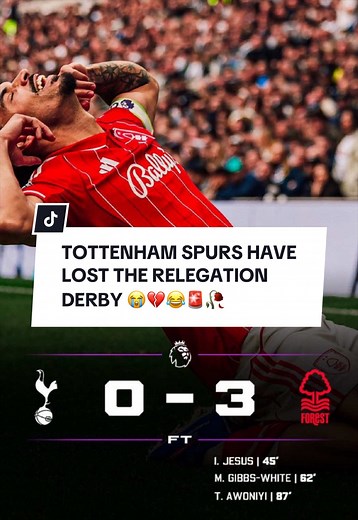 Tottenham Spurs Lose Relegation Derby to Nottingham Forest