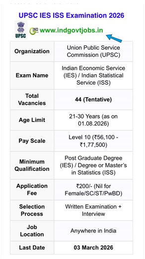 IndGovtJobs.in Official on Instagram: "*✅ UPSC IES ISS Exam Notification 2026 - Apply Online for 44 Posts | Last Date: 03/03/2026* 🔗 https://www.indgovtjobs.in/2026/02/upsc-ies-iss-exam.html #upsc #govtjobs"