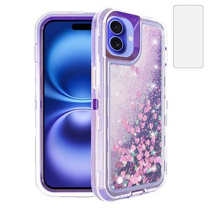 Compatible with iPhone 16 Plus 6.7 inch Phone Case Tempered Glass Screen Protector Bling Liquid Glitter Clear Hybrid Shockproof TPU Military Grade Protective Heavy Duty Cell Cover for i P16+ Purple - Walmart.com