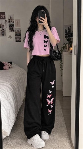 Link in Channel Bio ✨ | Pink Butterfly Crop Top & Black Wide-Leg Sweatpants Outfit 🎀