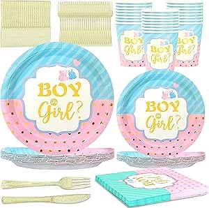 144 PCS Baby Gender Reveal Party Supplies - Boy or Girl Complete Disposable Tableware for for Baby Shower Decorations, Includes Plates, Napkins, Cups, Forks in Blue and Pink, Serves 24 Guests