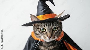Serious tabby cat in a witch costume for halloween, with a hat and cape, adding magic to the festive season. Funny and cute, perfect for greeting cards or posters