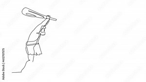 Animated self drawing of single continuous line draw caveman holding and raised cudgel overhead. Caveman and cudgel. Prehistoric man and club. Ancient stone age weapon. Full length one line animation