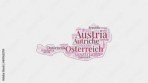 Austria logo animation featuring a word cloud of country names in multiple languages on a paper-style background. Ideal for country introductions or presentations.