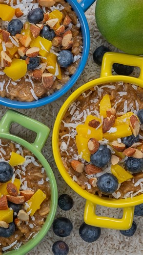 Coconut Mango Rice Pudding Creamy and comforting with a tropical twist, this dessert features tender Mahatma White Rice simmered in coconut milk and coconut sugar, finished with bright lime zest. Each bowl is topped with juicy Juicy Mangos, fresh blueberries, shredded coconut, and crunchy Blue Diamond Almonds for a sweet, fresh finish. | Ingles Markets