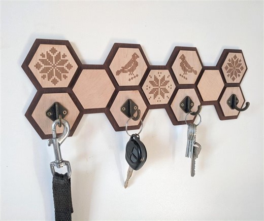 Wooden Wall Key Holder With Metal Hooks, Honeycomb Hexagon Geometric Kitchen Towel Holder Rack - Etsy