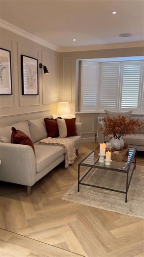 Paul & Jane on Instagram: "Autumn Equinox 🍂🥮🍁🌰 - - - • Doors - Soho Glazed internal doors from @doorsuppliesonline (discount code in bio) • Flooring - Blonde Oak LVT from @bramptonchase • Sofas - Keswick sofa and love seat from @sofology • Wall lights - @dunelmuk • Rug, throw & cushions - @homesense_ukie • Fire - @stovaxgazco eReflex 135R electric fire P & J x #autumn #shelving #openshelving #openshelves #livingroomstyling #livingroomsofinstagram #livingroomset #livingroomdecoration #livingr