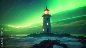 Lighthouse with aurora lights in the background (mov) made with Ai generative technology