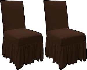 Dining Room Chair Covers Set of 2, Microfiber Dining Chair Cover with Skirt, Washable Kitchen Chair Covers (Chocolate, 2 Pcs)