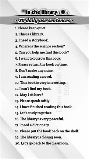 In the library - 20 daily use sentences #learnenglishwithdsm #spokenenglish #dailyusesentence
