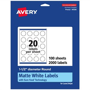 Avery Matte White Round Labels, 1.5" Diameter, 2,000 Labels