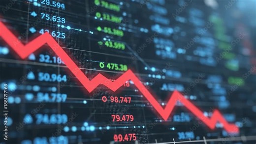 Red arrow pointing downward on digital financial graph. Declining trend line market data visualization for investment analysis.