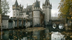 Stone castle with turrets and bridge over water, An ancient stone castle with towering turrets and a moat