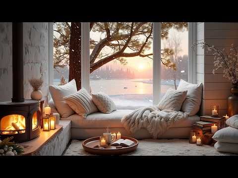 Dreamy Snowy Cabin at Sunset ❄️🌅 Crackling Fire & Falling Snow ASMR | Ultimate Cozy Escape
