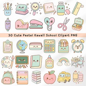 30 Kawaii School Supply Clipart Pastel Pngs ( Digital Download) - Etsy