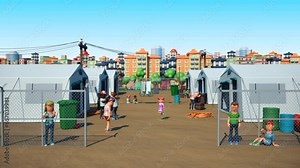 3D Animation of Homeless People in Immigrant Camp. Male Female and Children Surviving in Refugee Tent.