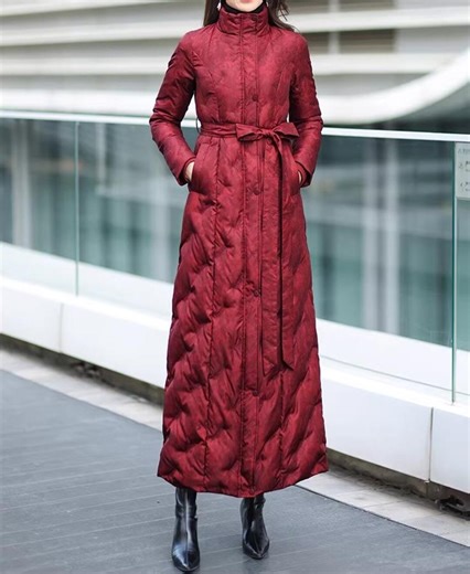Claret Red Long Down Jacket, Plus Size Women Winter Puffer Coat, Maxi Quilted Full Length Bomber, High Collar Style With Pockets and Belt - Etsy Canada