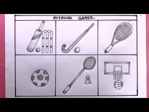 How To Draw Outdoor Games Step By Step/( Cricket, Hockey, Tennis, Football, Badminton, Basketball)