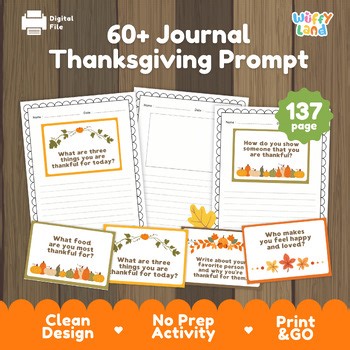 Thanksgiving Writing Prompts | Gratitude Journal for Kids | 60  Printable Pages